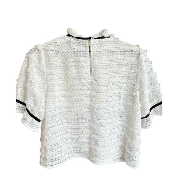 BCBGMaxazria Ruffle Mock Neck Short Sleeve Sheer Lace Blouse Top White Black - L - Picture 9 of 11